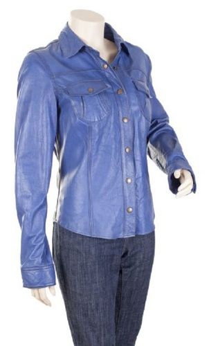 Blue Plain Ladies Leather Jacket