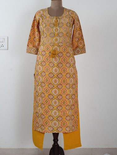 Pushchin Womens Cotton Kurti Set With Pant, Embroidered And Handwork Bust Size: 36 Inch (In)