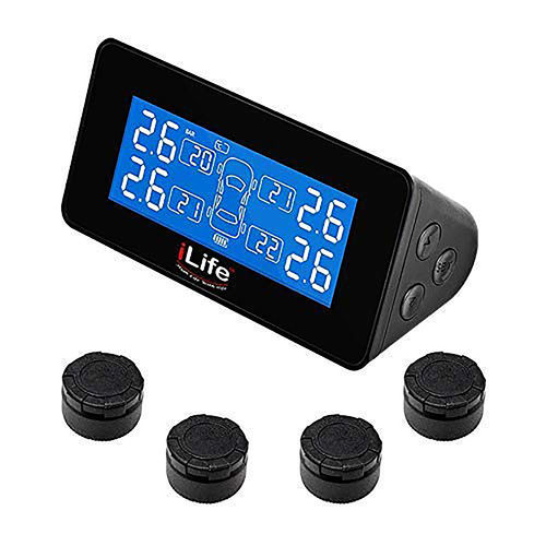 Ilife यूनिवर्सल सोलर Tpms, 4 Diy एक्सटर्नल कैप सेंसर (0-6bar/0-87psi) के साथ वायरलेस टायर प्रेशर मॉनिटरिंग सिस्टम, रियल-टाइम डिस्प्ले 4 टायर का प्रेशर और टेम्परेचर