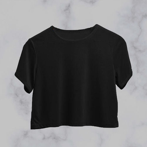 Black Color Round Neck Short Sleeves Ladies Crop Top