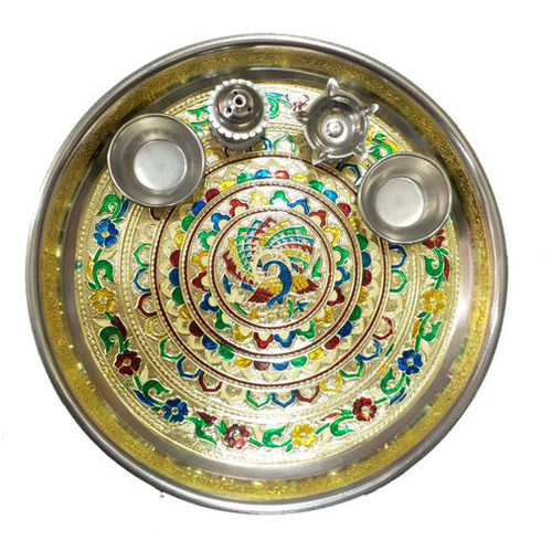 Peacock Decorated Stainless Steel Pooja Thali