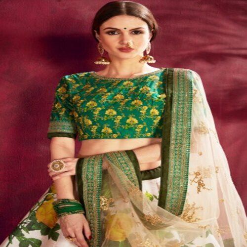 Modern Cream And Green Designer Lehenga Choli With Blouse Piece