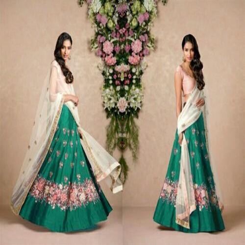 Modern Fabzone Designer Raw Silk Multi Color Resham Thread Embroidery Lehenga