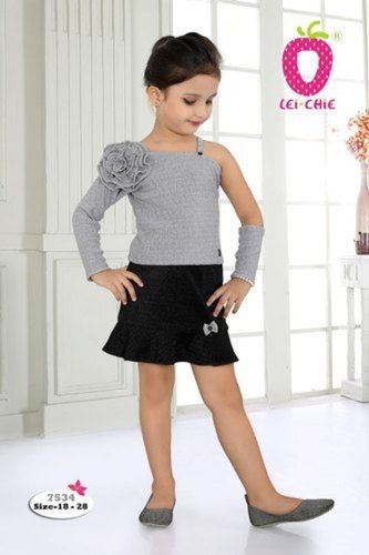 All Blossom Grey One Side Full Sleeve Floral Applique Top And Bow Applique On Skirt