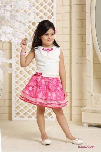 All Cute Peach Net Fabric Stylish Top Necklace With Floral Applique And Flared Skirt