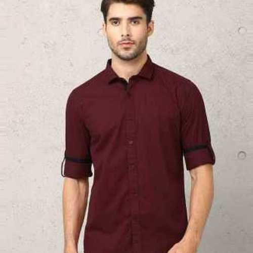 Men Slim Fit Solid Collar Marron Casual Shirt Collar Style: Classic