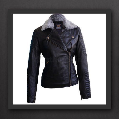 Ladies Leather Double Breasted Feather Jacket