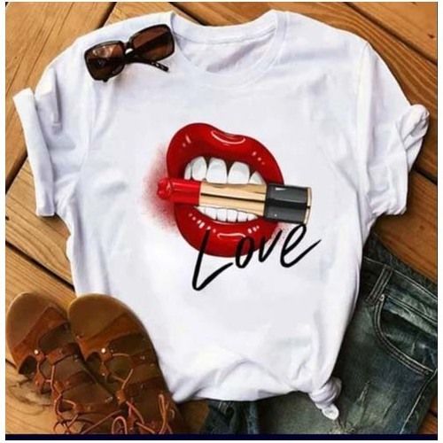 Ladies Lips And Lipstick Printed White T-Shirt Age Group: Adult