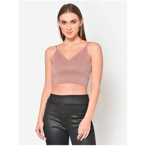 Women Nude Neoprene V Neck Crop Top