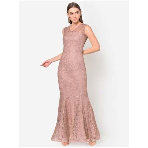 Washable Womens Beige Lace Fishtail Gown