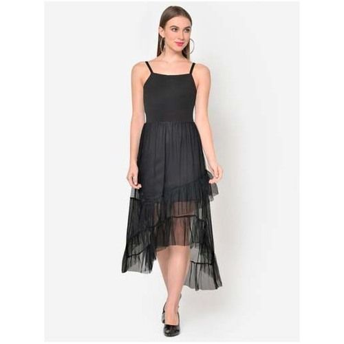 Washable Womens Black Mesh Frilled Hem High Low Dress