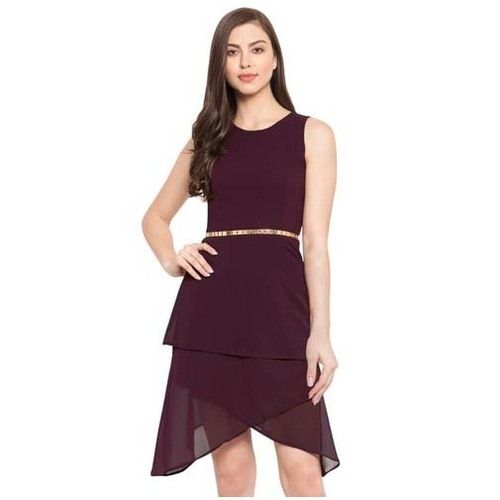 Black Womens Georgette High Low Belt Dress