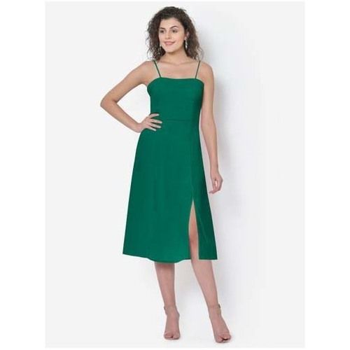 Breathable Womens Green Tie Up Strap Front Slit Dress