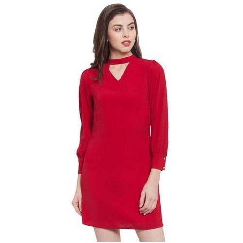 Washable Womens Red Choker Neck Mini Dress