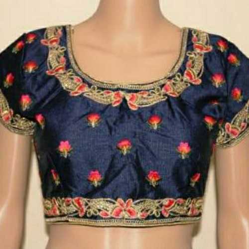 Navy Blue Dupion Silk Embroidered Padded Blouse