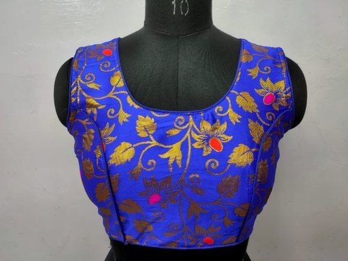 All Blue Color Stitched Printed Jacquard Silk Readymade Blouse