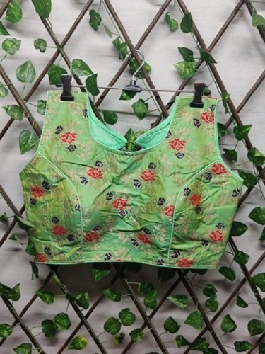 All Green Color Jacquard Silk Floral Blouse