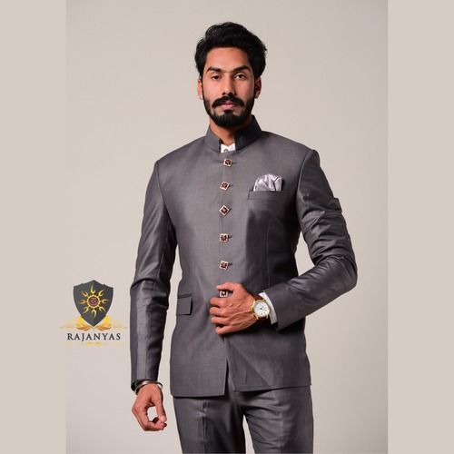 Iron Grey Bandhgala Suit With Handpainted Stone Buttons