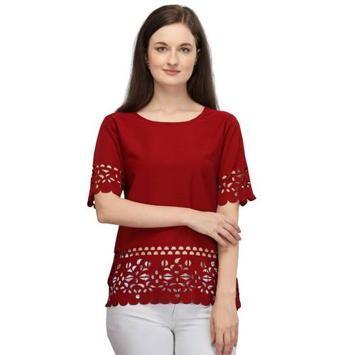 Maroon Solid Laser Cut Regular Fit Western Top Prw-224