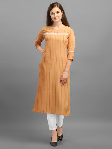 Women Striped Rayon Straight Kurta Peach