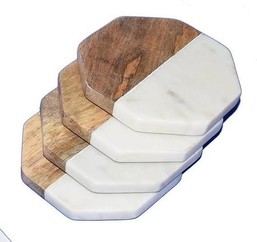 White Marble And Wood Coaster Set