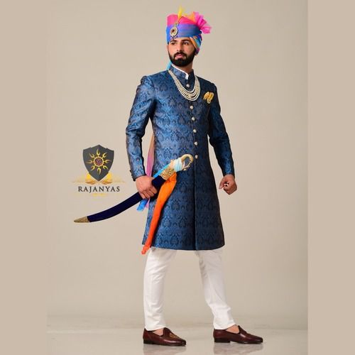 Cobalt Blue Designer Kimkhab Royal Rajputana Achkan Age Group: 15-50