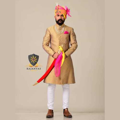 Golden Violet Brocade Designer Royal Rajputana Achkan