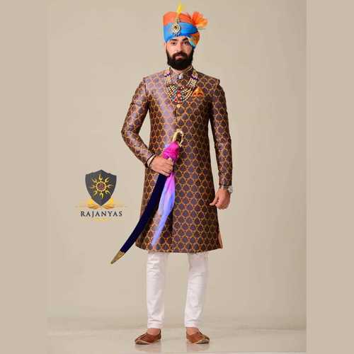 Yellow Navy Blue Royal Brocade Achkan Age Group: 15-50