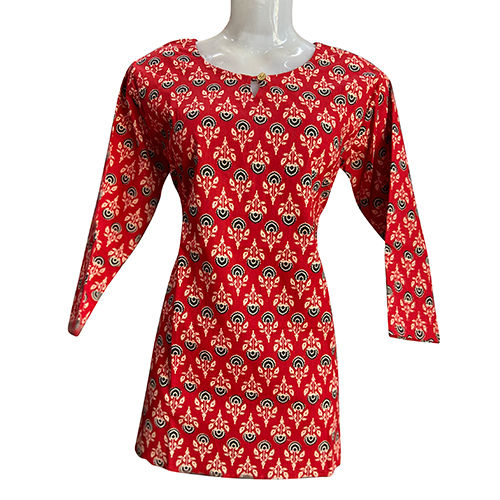 Ladies Cotton Short Kurti - Vibrant Printed Design, Lightweight 3-4th Sleeve, Perfect for Festivals and Casual Wear