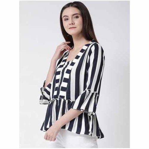 Printed Ladies Black Striped Cotton Top