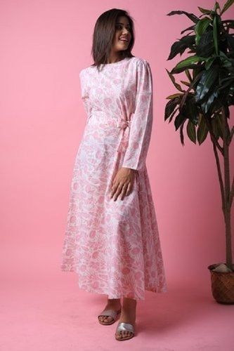 Ladies Cotton Long Dress With Light Pink Floral Hippie Urban Print