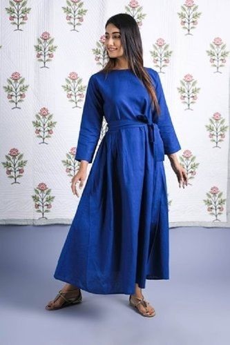 Ladies Cotton Maxi Dress With Handmade Style Waist Belt