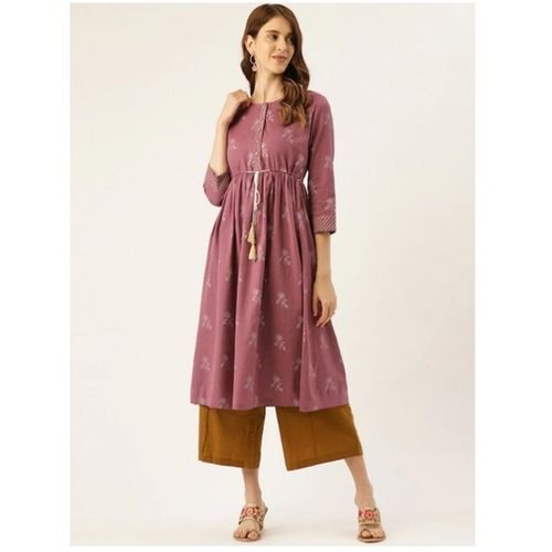 Ladies Mauve Round Neck Printed Cotton Kurti