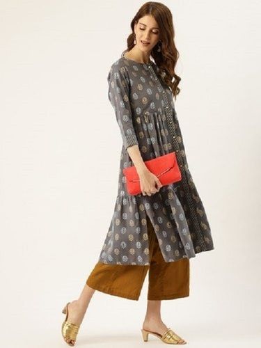 No Fade Womens Charcoal Grey A-Line Cotton Kurti