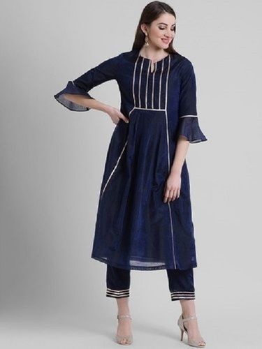 No Fade Womens Navy Blue A-Line Gota Lace Kurti