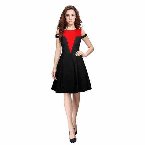 Womens Knee Length One Piece Black Flare Cap Sleeve Dress