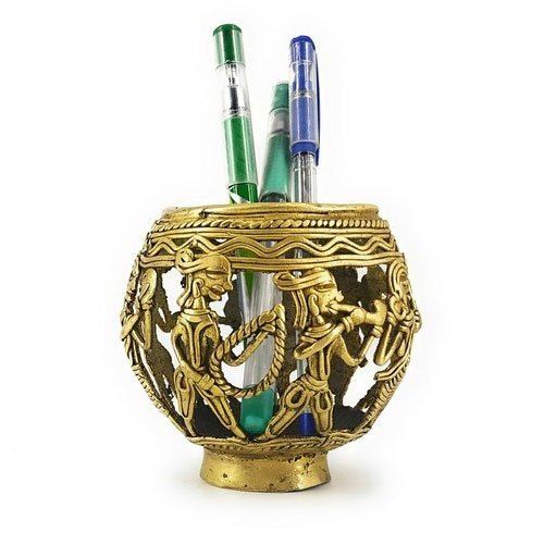 Golden Round Tribal Figure Pen Holder