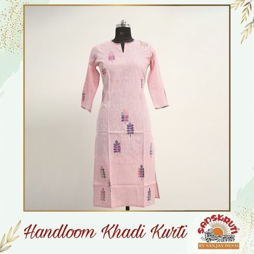 Pink Handloom Khadi Straight Kurta For Women