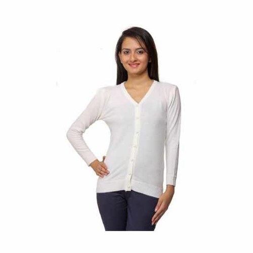 V Neck Ladies Full Sleeve White Cardigan