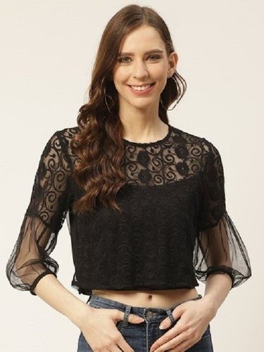 Summer Ladies Women Black Embroidered Semi-Sheer Cropped Net Top