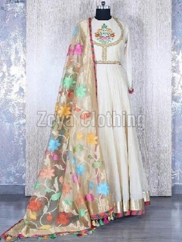 Multi-Color Cotton Machine Work Off White Long Suits