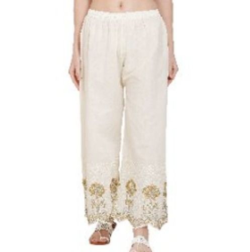 White Golden Zari Chikan Embroidery Palazzo Pant