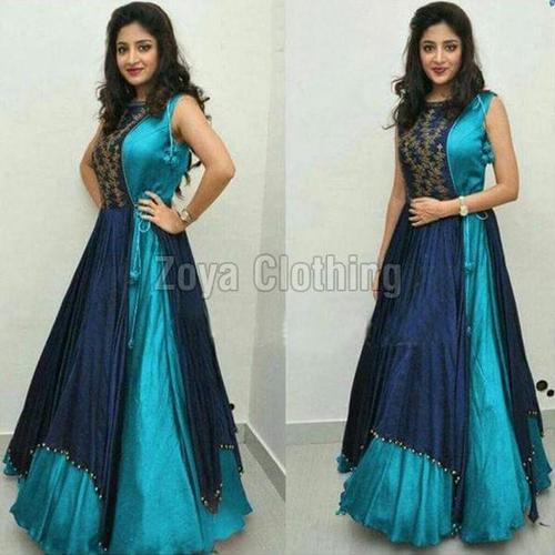 भारतीय पॉली सिल्क लाइट और गहरे नीले रंग का प्लेन लॉन्ग सूट