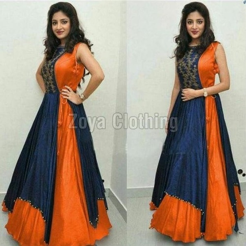इंडियन पॉली सिल्क ऑरेंज और ब्लू प्लेन लॉन्ग सूट