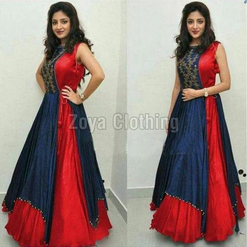 इंडियन पॉली सिल्क रेड और ब्लू प्लेन लॉन्ग सूट