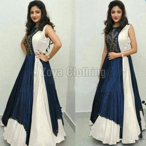 इंडियन पॉली सिल्क सफ़ेद और नीला प्लेन लॉन्ग सूट