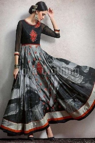 Indian Crepe Silk Printed Grey Anarkali Suits