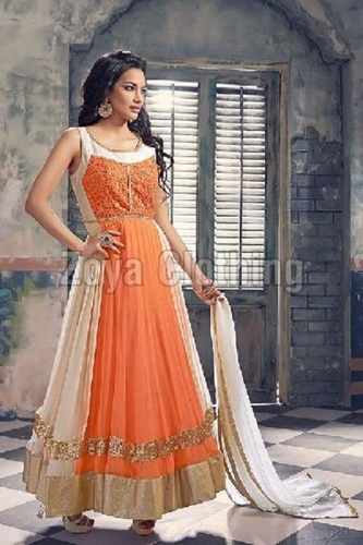 मल्टी-कलर जॉर्जेट मशीन वर्क ऑरेंज (नारंगी) और ऑफ व्हाइट लॉन्ग सूट