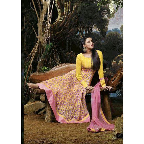 Yellow And Pink Ladies Party Wear Anarkali Suit