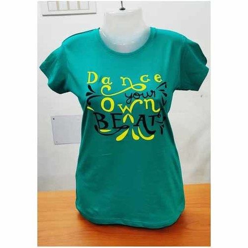 Ladies Printed Round Neck T-Shirt - Cotton, Available in L, M, S, XL, Green Color | O-Neck, Short Sleeves, Casual Wear for Adults